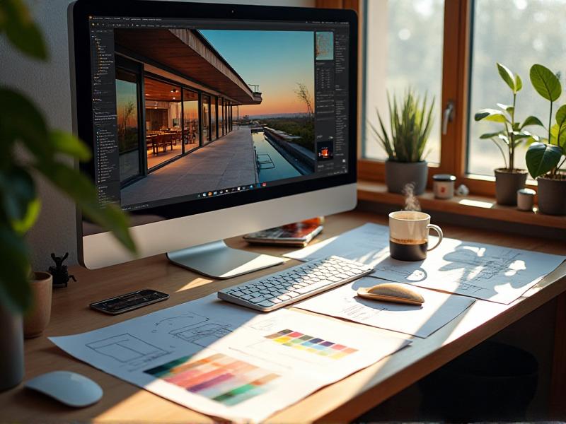 A designer’s workspace with a computer screen displaying a sleek, modern template design in progress, surrounded by sketches, color swatches, and a cup of coffee, showcasing the creative process.