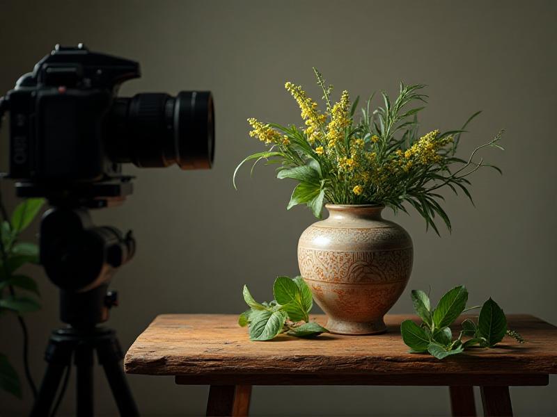 A well-lit studio setup with a professional camera, a handmade ceramic vase placed on a rustic wooden table, and a diffused light source creating soft shadows. The vase is surrounded by greenery, emphasizing its craftsmanship and natural appeal.