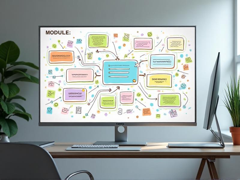 A digital whiteboard displaying a structured course outline with modules, lessons, and activities. The board is colorful and organized, with sticky notes and arrows connecting ideas. The setting is a modern workspace with a focus on productivity and creativity.