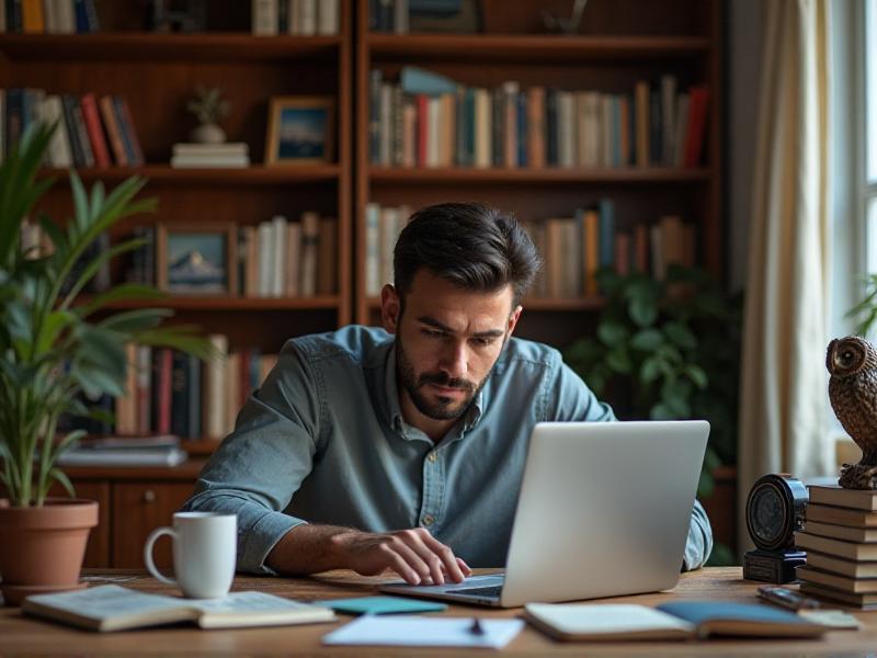 A focused freelancer typing on a laptop in a cozy home office. The desk is cluttered with notebooks, a coffee mug, and a pair of headphones. The background features a bookshelf filled with books and decorative items, creating a personalized and inspiring workspace.