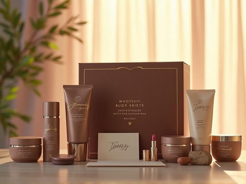 A beautifully arranged subscription box with skincare products, makeup, and a handwritten note, set against a soft pastel background, highlighting the attention to detail in curating box contents.