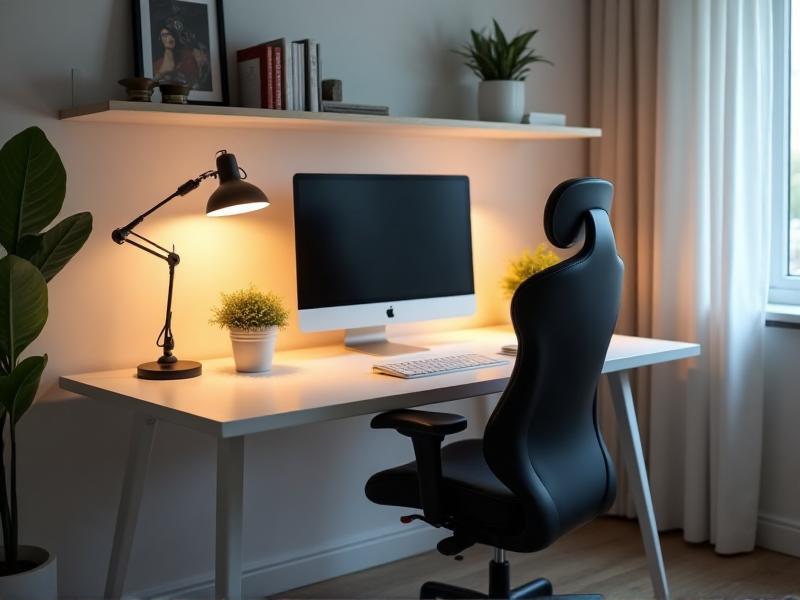 An ergonomic home office with a white desk, a black ergonomic chair, a monitor, a keyboard, and a mouse. The desk is clutter-free, with a small potted plant and a desk lamp providing warm lighting. The background shows a minimalist bookshelf with a few books and decorative items, creating a clean and focused environment for working from home.