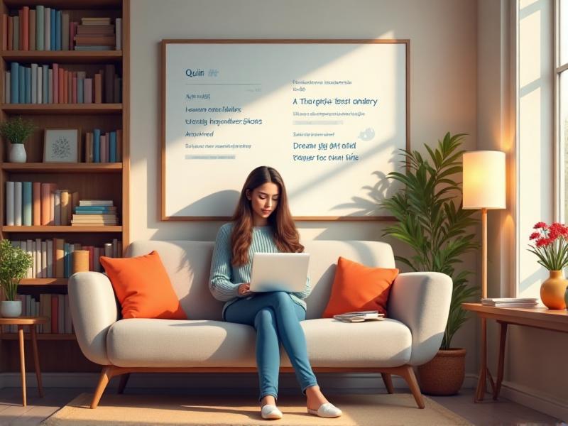 A woman sitting on a couch with a laptop, taking notes from an online course. The room is filled with books and a whiteboard with motivational quotes, creating an inspiring and educational environment.