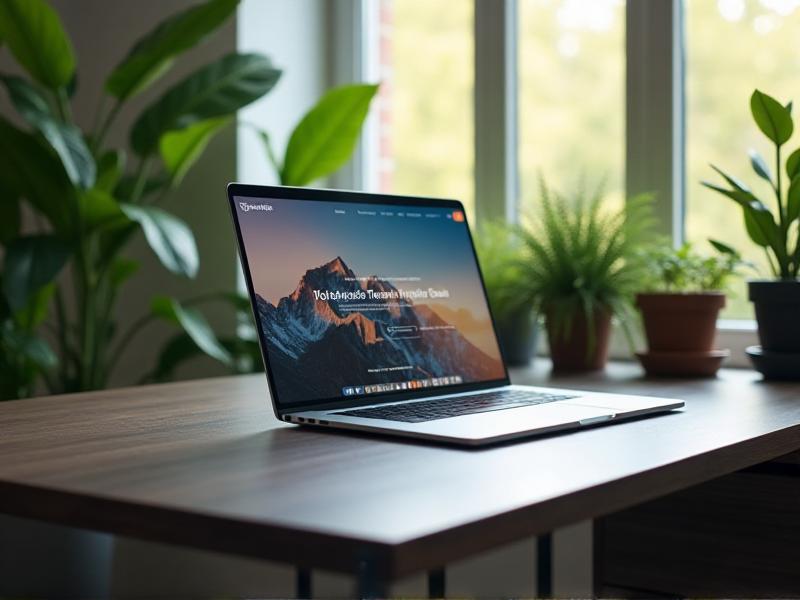 A sleek, modern laptop displaying a professional website design on a desk. The background features a minimalist workspace with plants and natural light, symbolizing the importance of building an online presence.