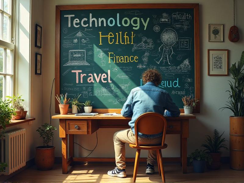 A writer brainstorming ideas on a chalkboard, with words like 'technology,' 'health,' 'finance,' and 'travel' written in colorful chalk. The image conveys creativity and focus, emphasizing the importance of choosing a niche in freelance writing.