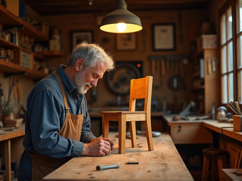 A retired man in a workshop, crafting wooden furniture, with tools and materials neatly organized, and a sense of pride and satisfaction on his face.