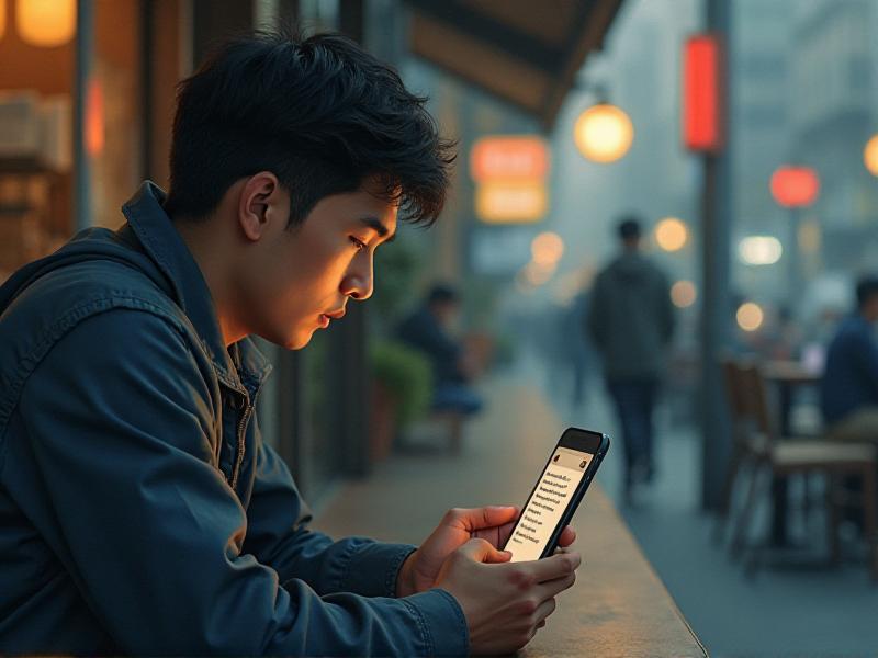 A person holding a smartphone with a suspicious email from a fake recruiter on the screen. The email promises a high-paying job but contains grammatical errors and a generic email address. The background shows a blurred coffee shop, highlighting the everyday setting where such scams can occur.