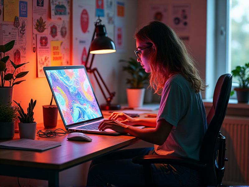 A designer working on a laptop, creating a vibrant t-shirt design using digital illustration software. The workspace is filled with colorful sketches and inspiration boards, reflecting a creative and focused environment.