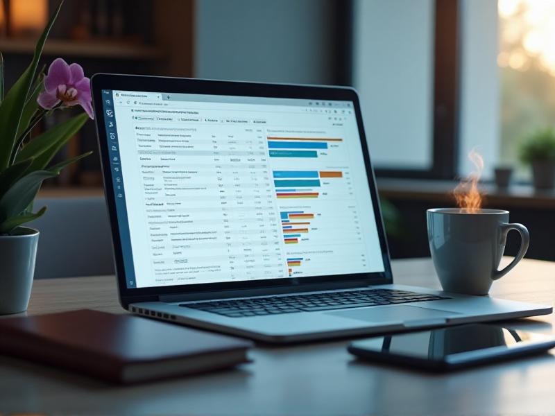 A comparison chart of popular online course platforms displayed on a laptop screen. The setting is a modern home office with a cup of coffee, a notebook, and a smartphone on the desk. The mood is analytical and focused, with a soft background blur emphasizing the laptop screen.