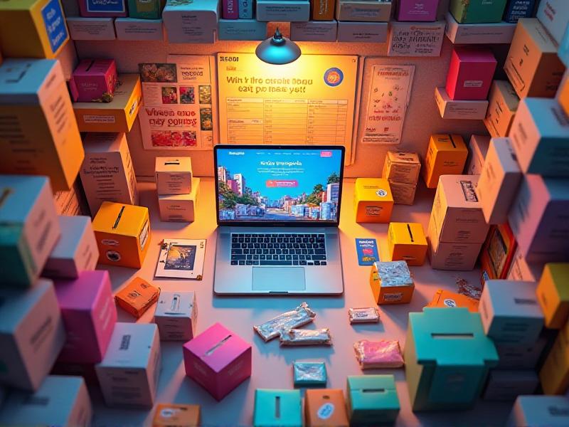 A vibrant e-commerce store setup with a laptop displaying a product page, surrounded by colorful packaging materials and products ready for shipment. The background features a wall with motivational quotes and a calendar, emphasizing the organized and creative nature of the business.