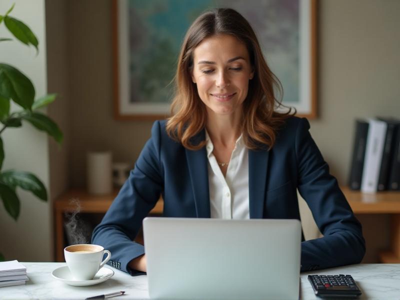 A freelancer reviewing a list of tax deductions on a laptop screen, with a calculator and a cup of coffee nearby. The workspace is organized and professional, highlighting the importance of understanding and claiming eligible deductions to reduce tax liability.