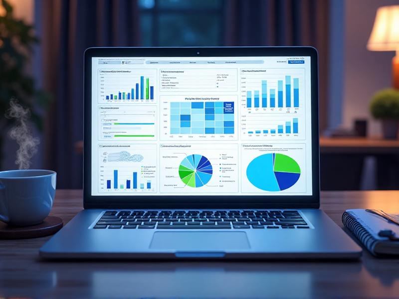 A side-by-side comparison of three Print on Demand platforms on a laptop screen, with charts and graphs showing features, pricing, and product quality. The workspace includes a cup of coffee and a notepad for taking notes.