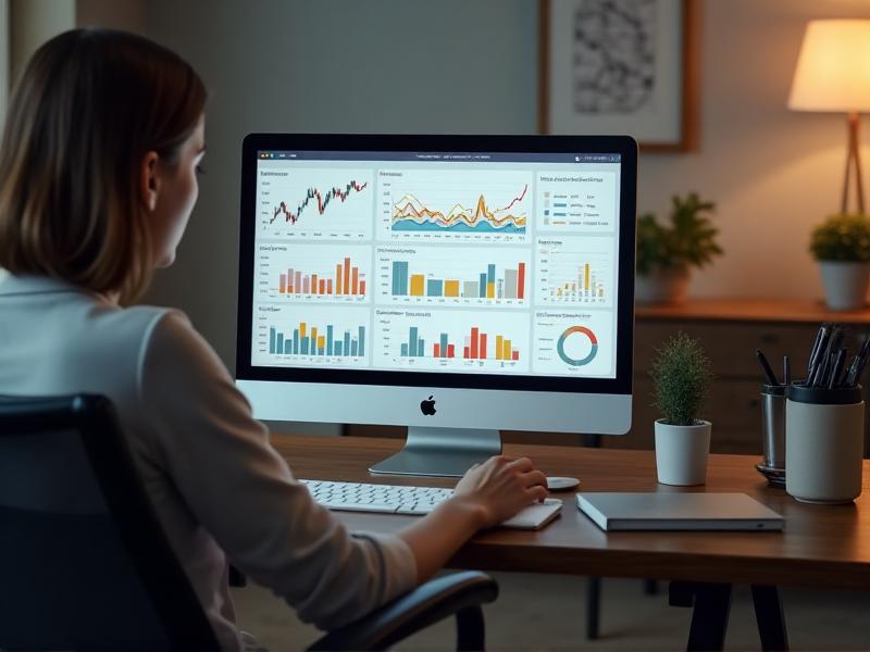 A detailed infographic on a tablet screen showing graphs and charts analyzing income, expenses, and market trends. The setting is a modern home office with a sleek desk, ergonomic chair, and a potted plant in the background, emphasizing the importance of careful financial planning.