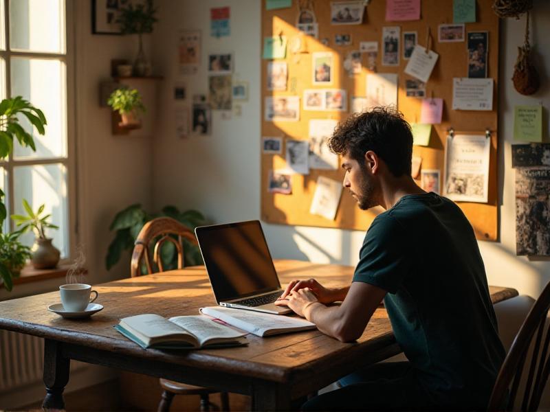 A person sitting at a wooden table with a laptop, notebook, and a cup of tea, surrounded by sticky notes and a vision board filled with inspirational quotes and goals. The warm, natural light from a nearby window creates a focused and motivated atmosphere.