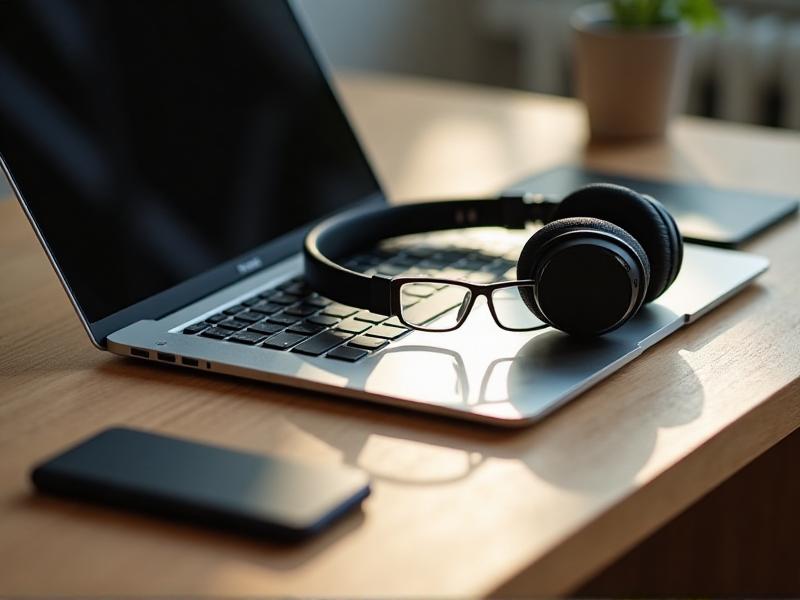 A neatly arranged workspace featuring a sleek laptop, noise-canceling headphones, a smartphone, and a portable Wi-Fi hotspot on a wooden desk. The setup is illuminated by soft, natural light, emphasizing the importance of having the right tools for remote work.
