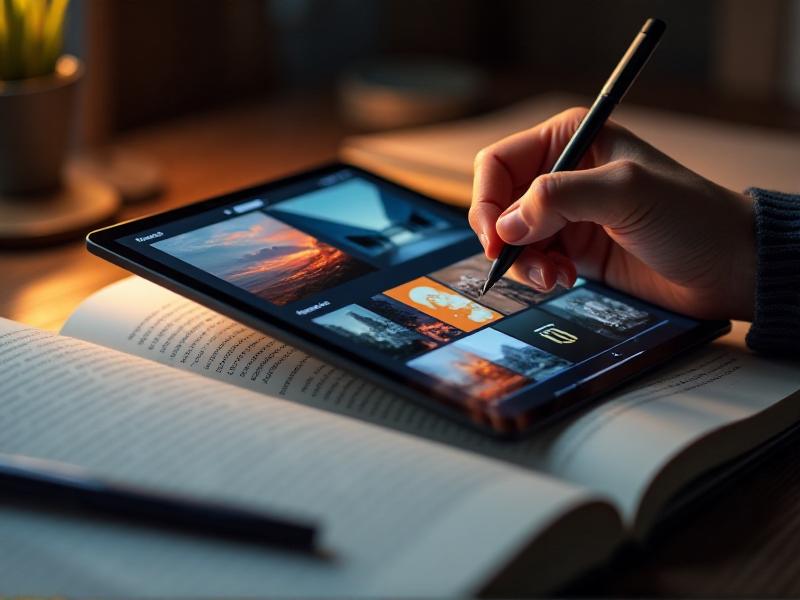 A close-up of a designer’s hands curating a digital portfolio on a tablet. The screen displays a grid of high-quality images, including a sleek website design, a vibrant logo, and a detailed illustration. The workspace is tidy, with a notebook and a pen nearby.