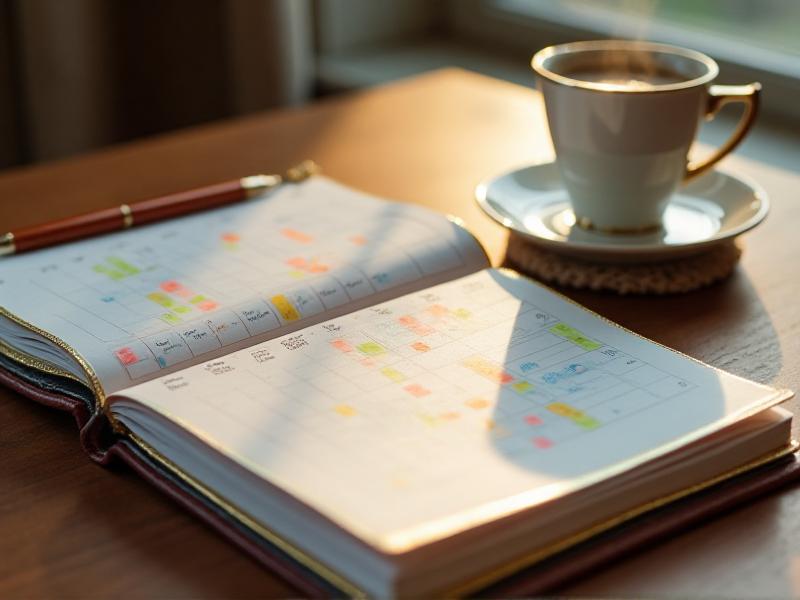 A close-up of a planner open on a desk, showing a neatly organized schedule with color-coded tasks. A pen and a cup of coffee sit beside the planner, with soft natural light illuminating the scene. The image conveys a sense of order and focus.