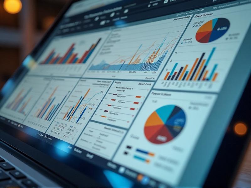 A close-up of a laptop screen displaying product research tools with graphs and charts analyzing sales trends, competition, and profitability for various products on Amazon.