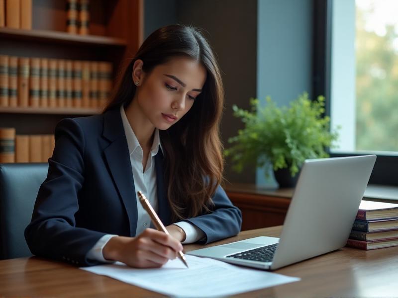 A detailed image of a person filling out a business registration form on a laptop, with a stack of legal documents and a pen on the desk beside them. The background features a modern office setting with a bookshelf filled with law books and a plant on the windowsill. The lighting is warm and inviting, creating a professional yet approachable atmosphere.