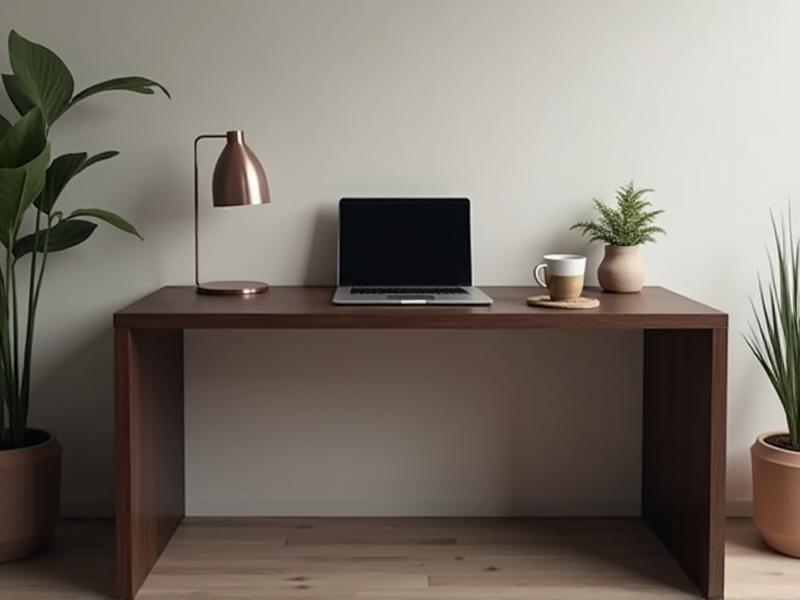 A minimalist home office with a sleek desk, a laptop, and a cup of coffee. The room is bathed in soft, natural light, with a modern chair and a small bookshelf in the background, creating a focused and serene atmosphere.