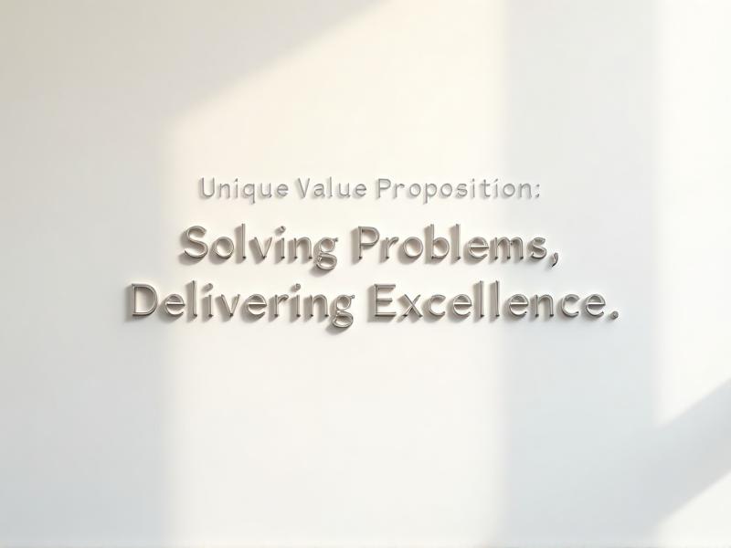 A minimalist poster on a white wall featuring bold typography that reads 'Unique Value Proposition: Solving Problems, Delivering Excellence.' The design is clean and modern, emphasizing clarity and impact.