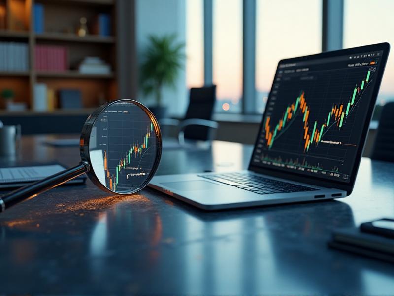 A graph showing upward-trending stock prices with a magnifying glass focusing on dividend payouts, set against a modern office background with a laptop and financial charts.