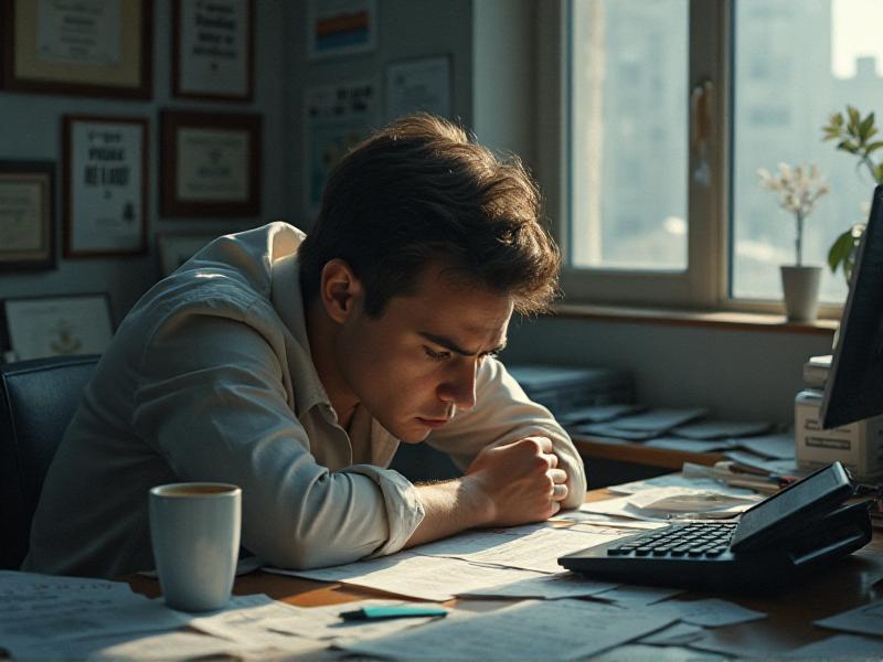 A close-up of a person sitting at a cluttered desk, looking out of a window with a mix of frustration and determination in their eyes. The room is dimly lit, with papers and a coffee cup scattered across the desk, symbolizing the chaos of their current life and the desire for change.