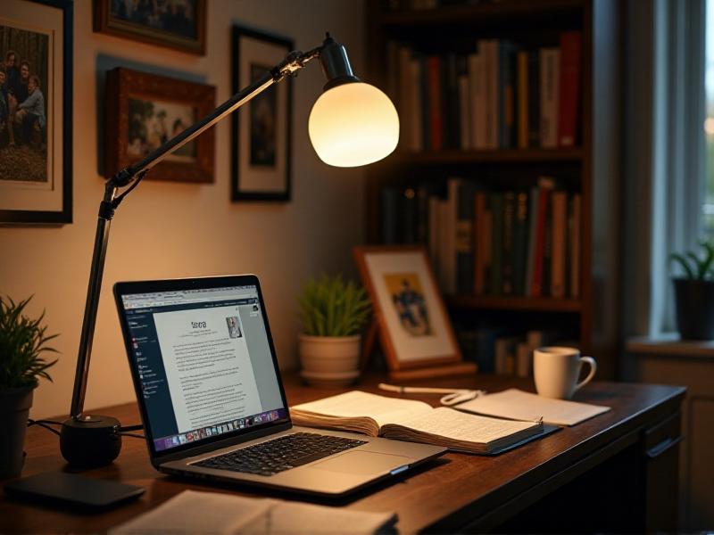 A modern desk lamp with an adjustable arm and warm LED lighting, illuminating a cluttered desk with a laptop, notebooks, and a coffee mug, set against a cozy home office backdrop.