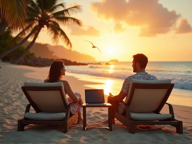 A couple relaxing on a tropical beach, holding hands and watching the sunset. The ocean waves gently crash on the shore, and a laptop sits on a nearby table, symbolizing the freedom to work from anywhere thanks to passive income.