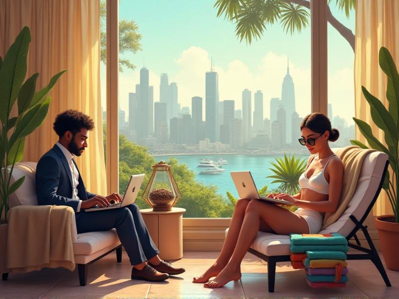 A diverse group of professionals working remotely from various locations, including a cozy living room, a bustling coffee shop, and a beachside cabana, highlighting the versatility of remote work.