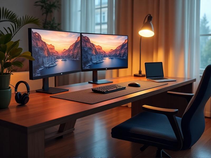 A clean, organized home office desk with a dual monitor setup, a wireless keyboard and mouse, a sleek laptop, and a pair of noise-canceling headphones, all neatly arranged with soft ambient lighting.