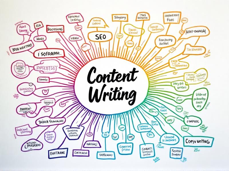 A hand-drawn mind map on a whiteboard, with various skills and interests connected by colorful lines. The central focus is on 'Content Writing,' surrounded by related topics like SEO, blogging, and copywriting, symbolizing the process of narrowing down a niche.