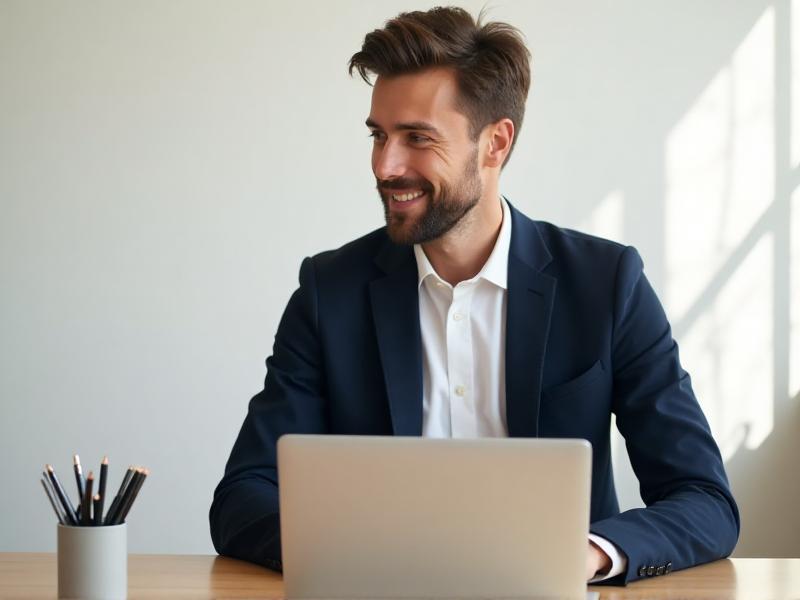 A confident individual dressed in a crisp white shirt and a navy blazer, sitting at a desk with a laptop. The attire is professional yet approachable, suitable for a remote job interview. The background is a clean, neutral wall, emphasizing the individual’s polished appearance.