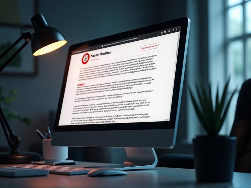 A close-up of a computer screen displaying a job posting with multiple red flags, such as excessive exclamation marks, vague job descriptions, and a request for personal information. The background shows a blurred office environment, emphasizing the focus on the suspicious content.