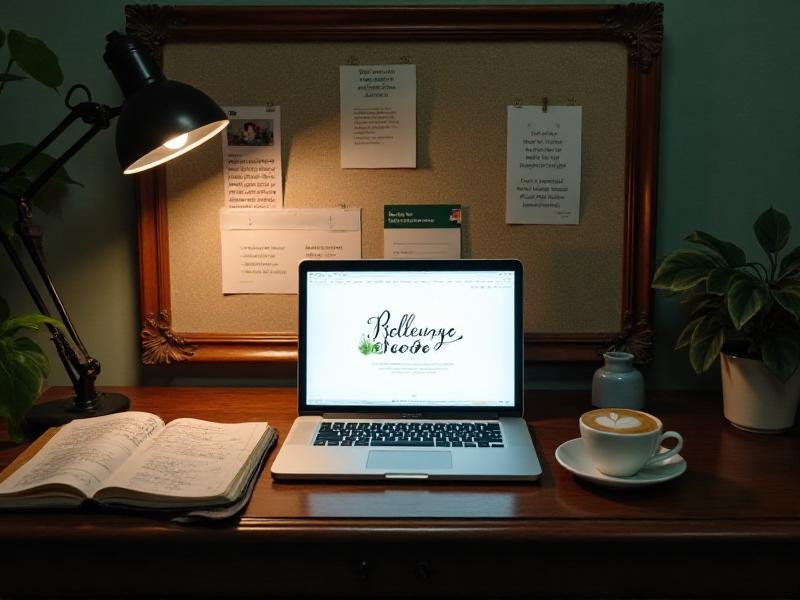 A well-organized workspace with a laptop, a notebook, and a cup of coffee. The laptop screen displays a blog post editor with a headline in progress. The background features a bulletin board with inspirational quotes and a calendar. The mood is creative and motivated.