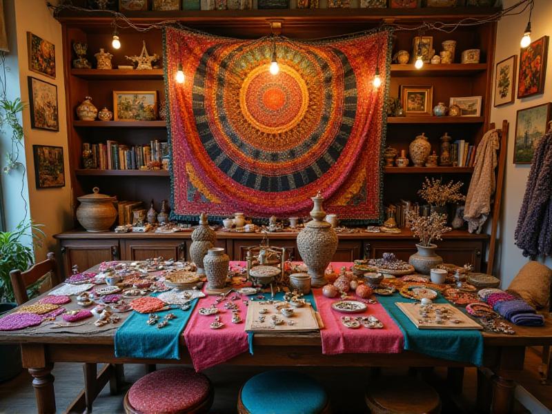 A vibrant Etsy shop setup with handmade jewelry, colorful fabrics, and crafting tools arranged on a rustic wooden table, highlighting the creativity and craftsmanship of selling on Etsy.