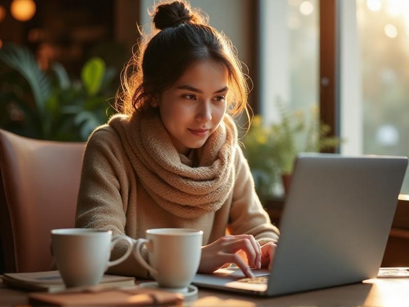 A focused freelancer working on a laptop in a cozy café, surrounded by coffee cups and notebooks, with natural light streaming through large windows, creating a calm and productive atmosphere.