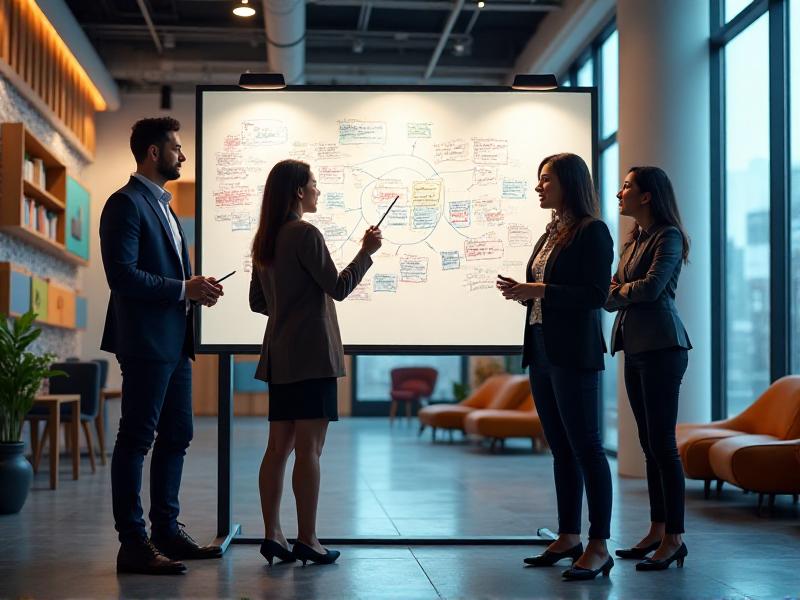 A group of creative professionals collaborating in a modern office space, writing ideas on a whiteboard. The atmosphere is energetic and focused, with bright lighting and vibrant colors, symbolizing innovation and teamwork.