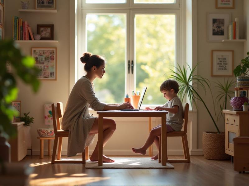 A mother working on her laptop while her child colors at the same table. The room is filled with toys and art supplies, showing a harmonious blend of work and family life.